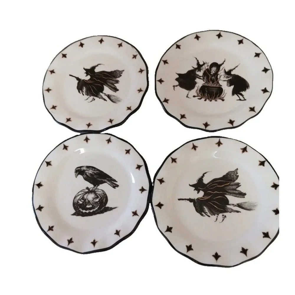 Set of 4 Potters Studio 3 Witches Cauldron Coven Halloween Appetizer Plates